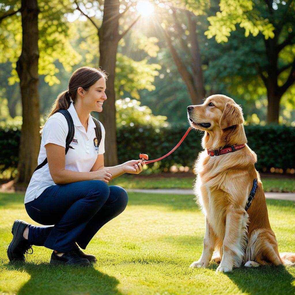 A heartwarming scene of a trainer instructing a golden retriever service dog, with the dog attentively looking up. Surround them with diverse individuals benefiting from the dog's support, showcasing moments of joy and trust. Include training tools like a clicker and treats, soft sunlight filtering through trees, enhancing the serene atmosphere. super-realistic. vibrant colors. warm lighting.