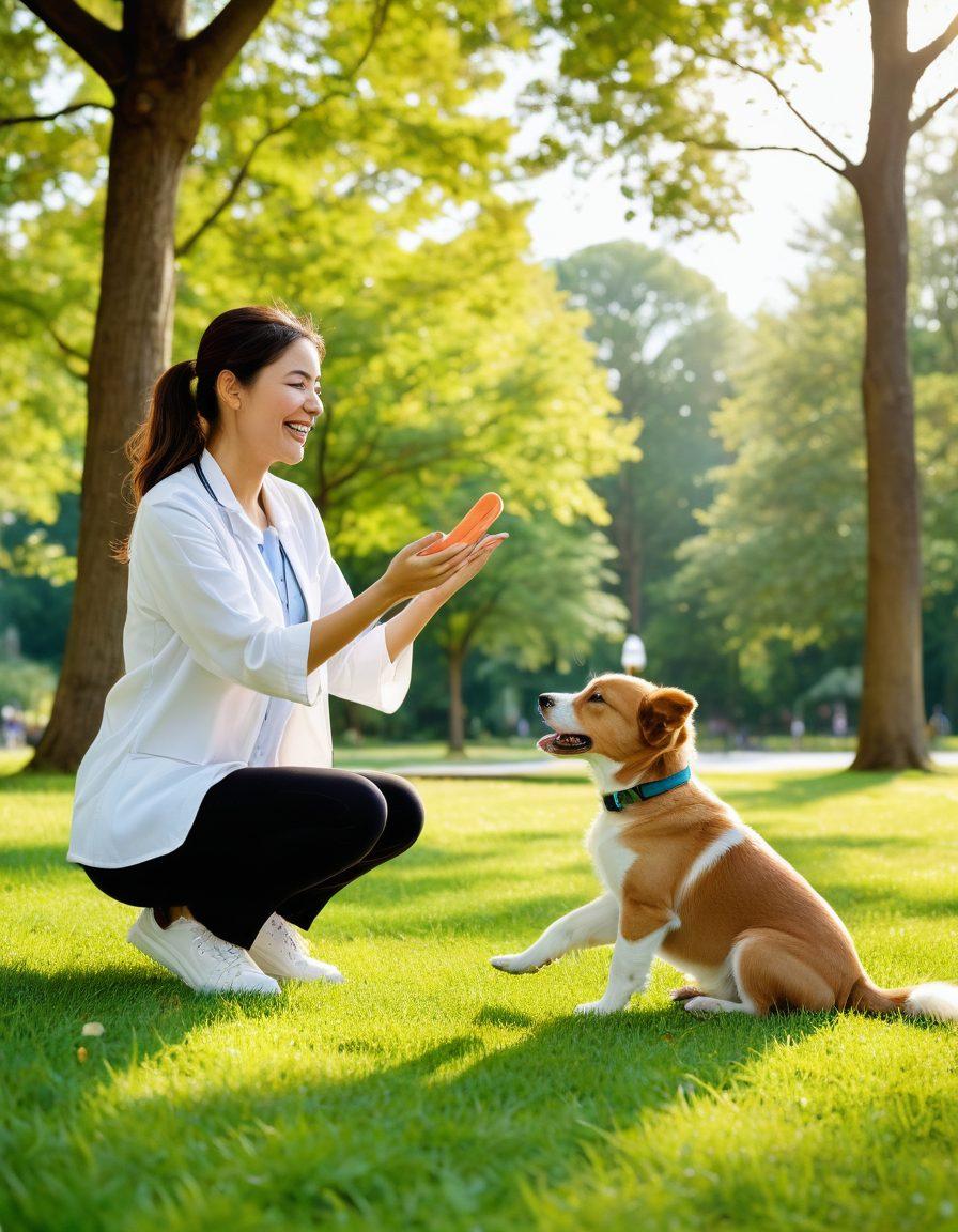 A heartwarming scene of a playful puppy learning commands from a patient owner in a sunny park. Surround them with essential training tools like a leash, treats, and a clicker while depicting engaging techniques such as hand signals and positive reinforcement. Add colorful trees and a gentle breeze to create a joyful atmosphere. Illustrative style. vibrant colors. cheerful ambiance.