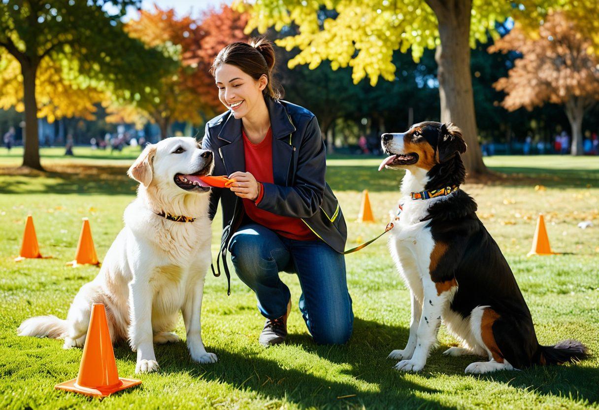 A heartwarming scene featuring a dog and its guardian engaged in an effective training session at a sunny park. The guardian is kneeling with a happy expression, offering a treat to the attentive canine, surrounded by colorful training tools and playful elements like frisbees and agility cones. Soft, inviting colors and a clear blue sky create a positive atmosphere of bonding and learning. super-realistic. vibrant colors. warm sunlight.